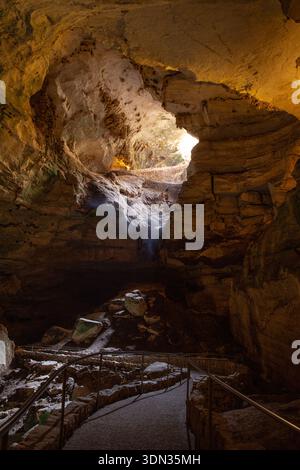 Ein vertikales Foto von Licht, das im Höhleneingang des Carlsbad Caverns National Park, New Mexico, leuchtet. Stockfoto