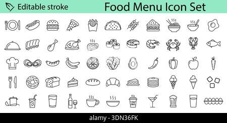 Icon Set für die Menüzeile – Teller Löffelgabel, Cupcake, Bier, Pommes Frites, Eishorn, heißer Tee, Reisschale, Sashimi, Hummer, Wurst auf, Brot, Schachtel, Stock Vektor