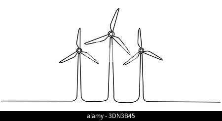 Windkraftanlage Öko-Energie-Elektrizitätskonzept. Kontinuierliche Linienzeichnung Windenergieanlage Windmühle erneuerbare Ökologie. Ein Zeichnungsvektor fehlt Stock Vektor
