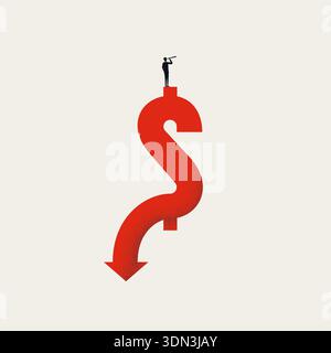 Diese minimale Abbildung zeigt einen Geschäftsmann auf einem fallenden Dollarsymbol. Es handelt sich um ein Vektorkonzept für Währungsumtausch und Marktwertvolatilität der Stock Vektor