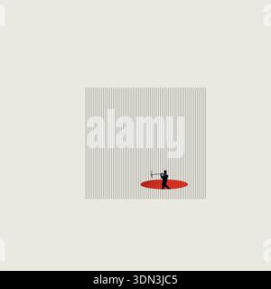 Diese minimale Illustration zeigt einen Mann, der ein Bagger-Werkzeug benutzt, um einem Firmengefängnis zu entkommen. Ein Vektorkonzept einer Bohrung stellt das Symbol für die Suche fr dar Stock Vektor