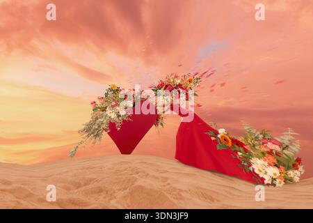 Surreales Bild einer Frau, die ein blumiges rotes Herz auf Wüstendünen unter einem dramatischen Sonnenuntergangshimmel hält. Für Liebe, Valentinstag, Romantik oder Hochzeitspaß Stockfoto