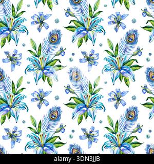 Luxuriöses, nahtloses Aquarellmuster mit eleganten blauen Lilien, majestätischen Pfauenfedern und verstreuten Perlen. Das empfindliche Botanische Stockfoto