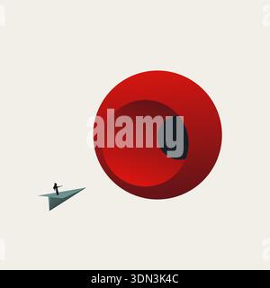 Ein minimalistisches Business Vektor-Konzept Illustration einer professionellen Frau in einem Papierflugzeug, die neue Technologie und kreative Ideen für Wachstum erforscht. Stock Vektor