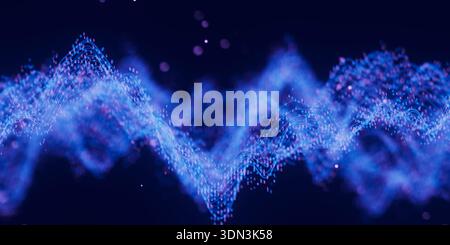 Binäre digitale Welle der futuristischen Technologie mit Cloud-Datenpunkten. Datenflusskonzept der Cyberspace-KI. Abstrakte digitale Welle mit Zahlen. Big Data Stockfoto