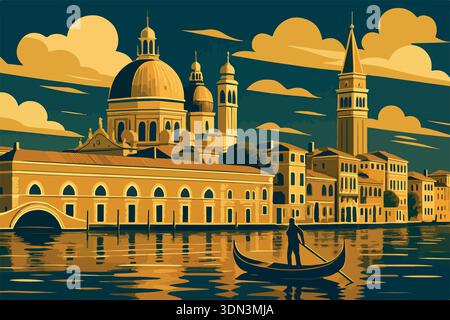 Goldenes Venedig in der Abenddämmerung mit einem Gondolierer auf einem ruhigen Kanal und kuppelförmigen historischen Gebäuden, die vor einem tiefblauen Himmel leuchten. Stock Vektor