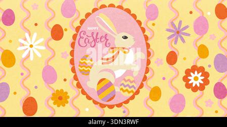 Osterplakat mit niedlichem osterhasen im farbenfrohen Vintage-Rahmen und ostergemälde Eier und Blumen auf welligen Linien heller Hintergrund. Feiertagskulisse. Vorlage für Design, Web, Banner, Post, Vertrieb. Vektor Stock Vektor