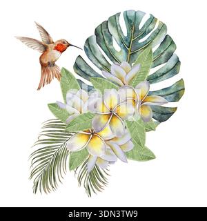 Aquarellillustration tropische Komposition mit gelb-weißen Plumeria-Blüten, Monstera und Palmblättern und Kolibri. Für Verpackungen Kosmetik fa Stockfoto