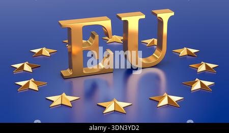 EU-Goldbuchstaben mit Sternenkreis, EU-Symbol, 3D-Rendering Stockfoto