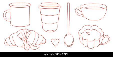 Handgezeichnete Illustrationen von Kaffeetassen und Löffel, Croissant mit Schleife und Kaffeetasse zum Mitnehmen im modernen Line Art Stil Stock Vektor