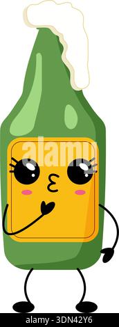Die Illustration der grünen Bierflasche Kawaii zeigt ein lächelndes Gesicht und Arme Stock Vektor