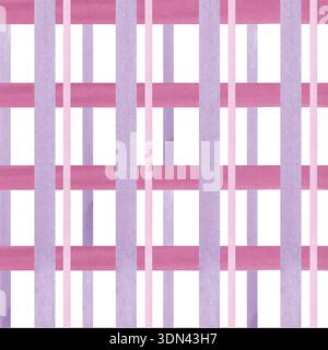 Kariertes Muster. Aquarellrosa und lila Streifen auf weißem Hintergrund. Gut für Postkarten, Einladungen, Grußkarten, Tapeten, Textilien. Stockfoto