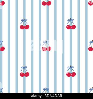 Nahtloses Muster des Kirschvektors mit blauen Streifen niedliches minimales Frucht-Illustration-Design Stock Vektor