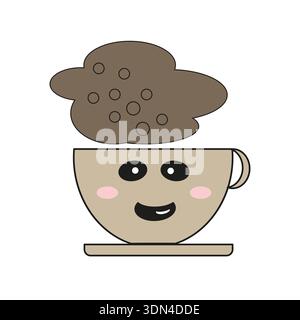 Kawaii Kaffeetasse. Süßschokolade Vektor-Leckerli. Glückliches lächelndes Comic-Gesicht. Süßes Frühstücksgetränk. Stock Vektor