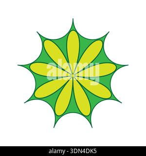 Raffinierte Blumengeometrie. Leuchtend gelbe Blütenblätter Vektor. Markanter grüner Hintergrund. Elegantes, von der Natur inspiriertes Symbol. Stock Vektor