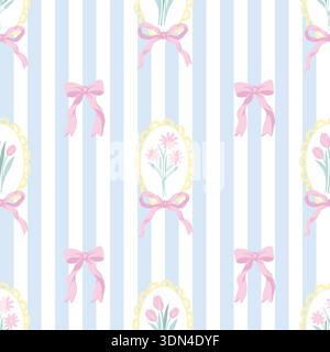 Nahtloses Muster mit Blumenrahmen auf Gingham-Hintergrund der Pastell-Schleife Blumen Vektor Stock Vektor
