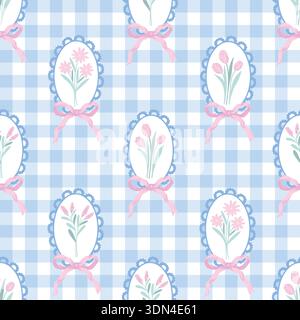 Nahtloses Muster mit Blumenrahmen auf Gingham-Hintergrund der Pastell-Schleife Blumen Vektor Stock Vektor