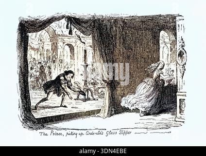 Vintage-Illustration aus der Geschichte von Cinderella, illustriert von George Cruikshank. Der Prinz nimmt Cinderellas Glasschuh auf Stockfoto