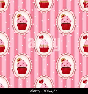Nahtlose romantische Cupcakes-Muster im Coquette-Stil im Rahmen auf gestreiftem Hintergrund. Niedliche Vektor-Illustration. Stock Vektor