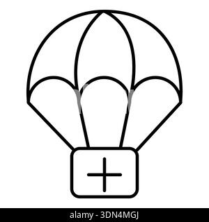 Humanitäre Hilfe. Vektorlineares Zeichen der ärztlichen Hilfe am Fallschirm. Fallschirm senkt Kästen mit medizinischem Kreuz ab. Stock Vektor