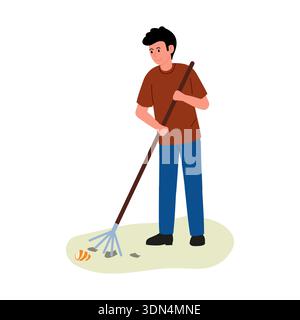 Reinigung des städtischen Parks. Junger Mann in lässiger Kleidung sammelt Müll mit speziellem Rechen. Vektorillustration mit jungen Freiwilligen Stock Vektor
