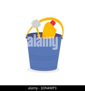 Reinigungsbad. Blauer Kunststoffeimer, Flasche mit Reinigungsmittel und Toilettenbürste. Illustration des flachen Vektors. Stock Vektor