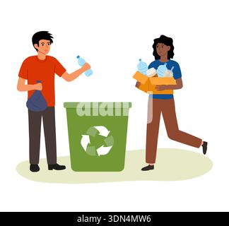 Recycling-Abfallbehälter aus Kunststoff. Junge Männer und Frauen sortieren Müll. Illustration des flachen Vektors. Plastikflaschen und anderer Müll Stock Vektor