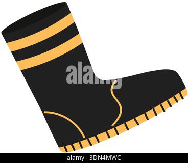 Spezieller schwarzer Schutzstiefel mit gelben Streifen zum Schutz der Feuerwehr während der Brandbekämpfung. Vektorabbildungszeichen Stock Vektor