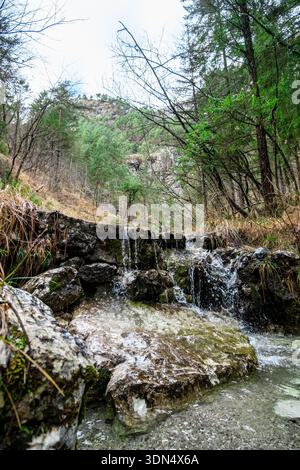 Kleiner Waldwasserfall, der über Felsen fließt, in friedlicher Waldlandschaft Stockfoto