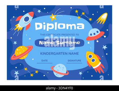 Schuldiplom-Vorlage für Kinder und Kinder im Kindergarten, in der Grundschule, in der Vorschule mit Raketen, Planeten, Sternen und Sternbildern im kosmischen Raum. Zertifikat in Wissenschaft auf blauem Hintergrund Stock Vektor