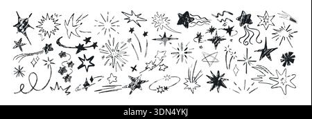 Handgezeichnete schwarze Kreidesterne auf weißem Hintergrund. Vektor-Illustration von Doodle Feiertagsfeuerwerk, Funken, Starburst, kindliche Muster Kreide Design Elemente. Skizzieren Sie glitzernde Symbole, schießen Sie Kometen Stock Vektor