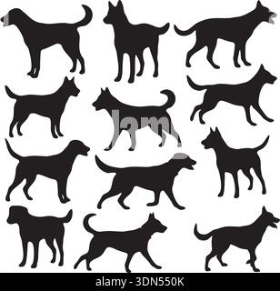 Hunde-Silhouette-Paket mit mehreren Rassen und Posen Stock Vektor