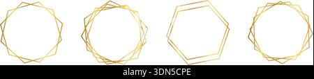 Satz goldener sechseckiger Rahmen, isoliert auf weißem Hintergrund. Kollektion mit glänzenden, luxuriösen geometrischen Borten. Hochwertige Designelemente für Banner, Gruß- oder Hochzeitskarten. Vektorabbildung. Stock Vektor