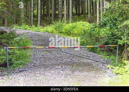Straßensperre, die im Sommer eine Schotterwaldstraße blockiert, umgeben von dichten grünen Nadelbäumen Stockfoto