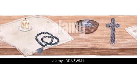 Nahtlose Grenze christliche Symbole auf Holztisch mit Rosenkranz, Aschenkreuz, Kerze, Aschenschüssel. Horizontaler Kopierbereich für religiöse Aquarelle Stockfoto
