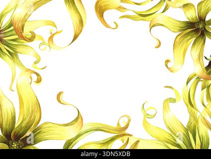 Rahmen mit Ylang-Ylang-Blüten. Handgezeichnete Aquarellillustration. Borte mit exotischen, duftenden gelben Blüten. Für Verpackung, Begrüßung und Einladung Stockfoto