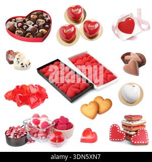 Herzförmige Süßigkeiten am Valentinstag isoliert auf weiß, Set Stockfoto