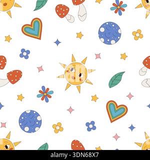 Grooviges Retro Seamless Cartoon Sonne Hintergrund Muster Stock Vektor