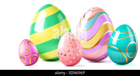 Ostereier in Pastellfarben, Streifen, Wirbeln und Punkten mit goldenen Akzenten auf weißem Hintergrund. Stock Vektor