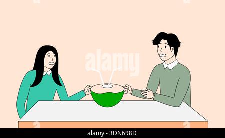 Mann und Frau sitzen an einem Tisch und trinken Kokoswasser. Der Mann hält die Schüssel und die Frau sieht ihn an. Stock Vektor