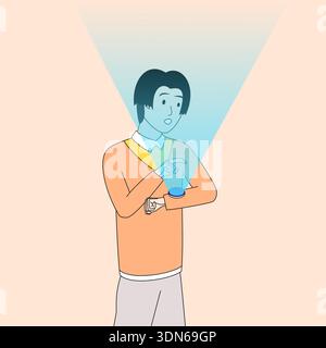 Der Mann trägt eine Uhr und zeigt auf etwas. Die Uhr ist an seinem Handgelenk. Der Mann trägt ein orangefarbenes Hemd Stock Vektor