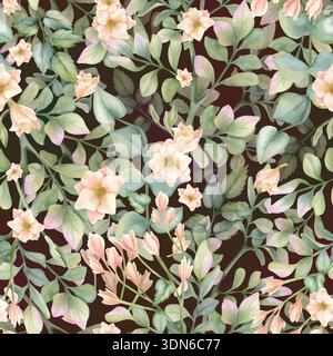 Nahtloses Muster mit grünen Blättern, Freesie auf dunklem Hintergrund. Handgemalte Aquarelle mit detailliertem Gartengrün, zarte beige Blumen. Für Stockfoto