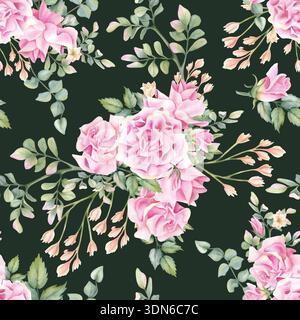 Nahtloses Muster rosafarbener Rosen auf dunkelgrünem Hintergrund. Schöne Blumen, zarte Aquarellblumen, Freesie, Blätter. Botanische Frühling Illustration für Stockfoto