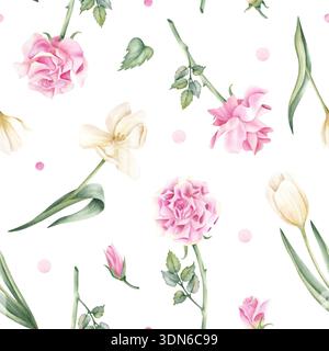 Zartes, nahtloses Blumenmuster. Aquarellrosa Rose und weiße Tulpenblüte. Hand gezeichnet Eleganz botanische Wiederholung Illustration isoliert auf Stockfoto