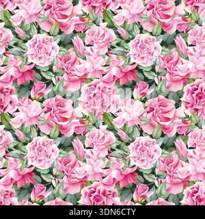 Nahtloses Muster mit leuchtend rosa Aquarellrosen und grünen Blättern. Wunderschöne handgemalte Blumen, zarte Knospen, üppige Blüte für Hochzeitsdekor Stockfoto