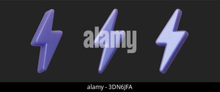 Hochglanz-3D-Donner-Symbol mit elektrischen blauen Lichteffekten. Holografisches Bolzensymbol mit Metallic-Chrom, ideal für Leistung und Geschwindigkeit Stock Vektor