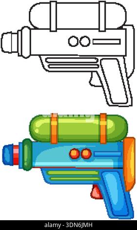 Ein lebendiger Kunststoff-Wasserpistolenvektor neben seiner schwarz-weißen Strichgrafik-Version Stock Vektor