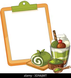 Vektorillustration von Matcha-Rollkuchen, Parfait und Pulver neben einer leeren Zwischenablage Stock Vektor