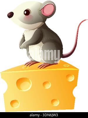 Niedliche graue Maus, die auf gelbem Käsekeil thront, helle Farben, saubere Vektor-Cartoon-Art Stock Vektor