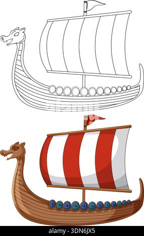 wikinger-Langschiff aus Holz mit Drachenkopf-Bug und gestreiftem Segel in farbigen und umrissenen Versionen Stock Vektor